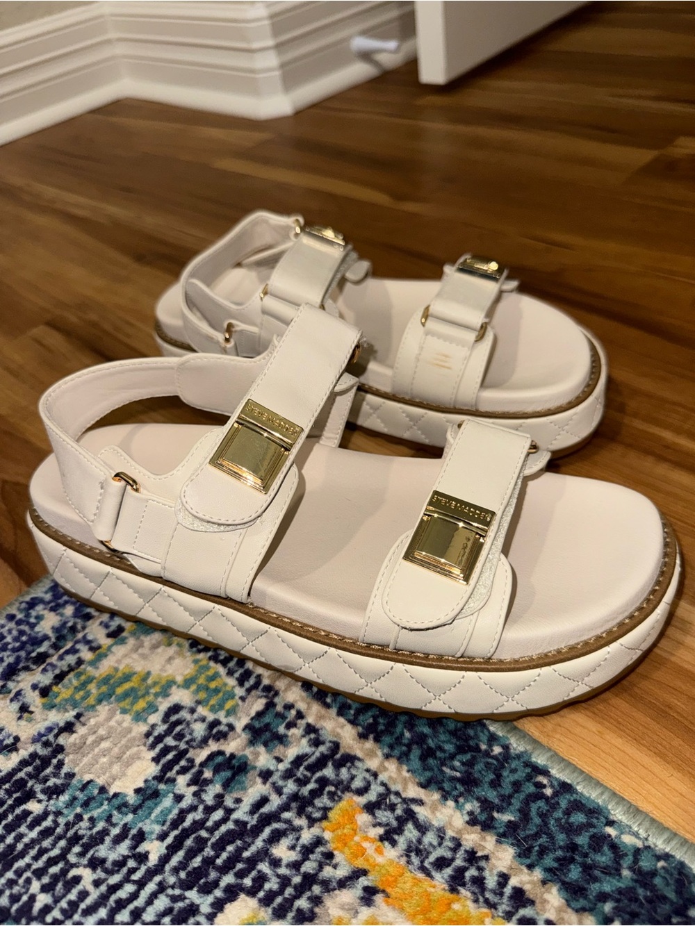 Steve Madden White Quilted Platform Sandals with Gold Hardware